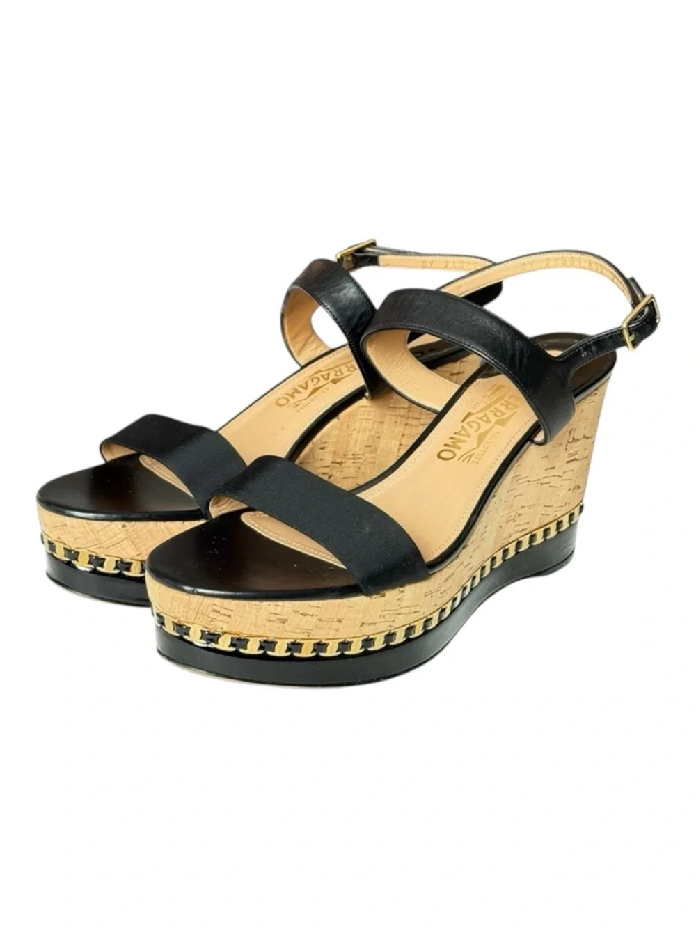 Salvatore Ferragamo ꔘ Mollie Chain Platform Wedge Sandals ꔘ Black Leather ꔘ 9.5B